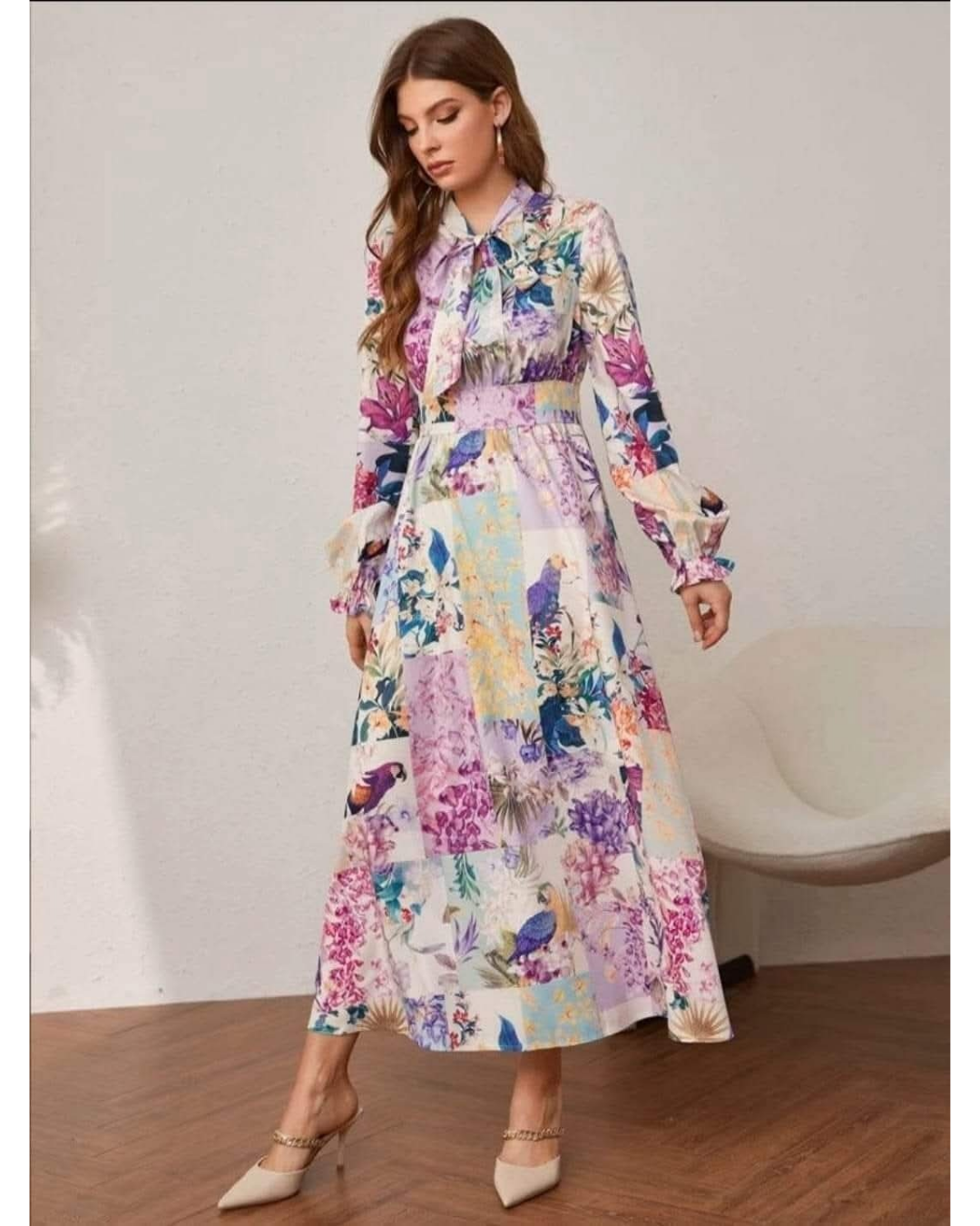 Patterned Long Sleeve Women Maxi Dress