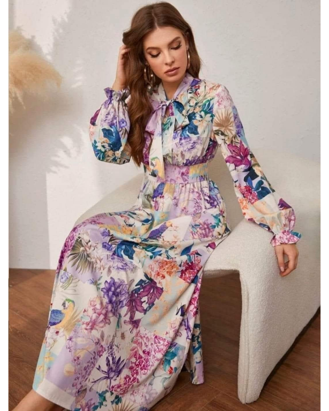 Patterned Long Sleeve Women Maxi Dress