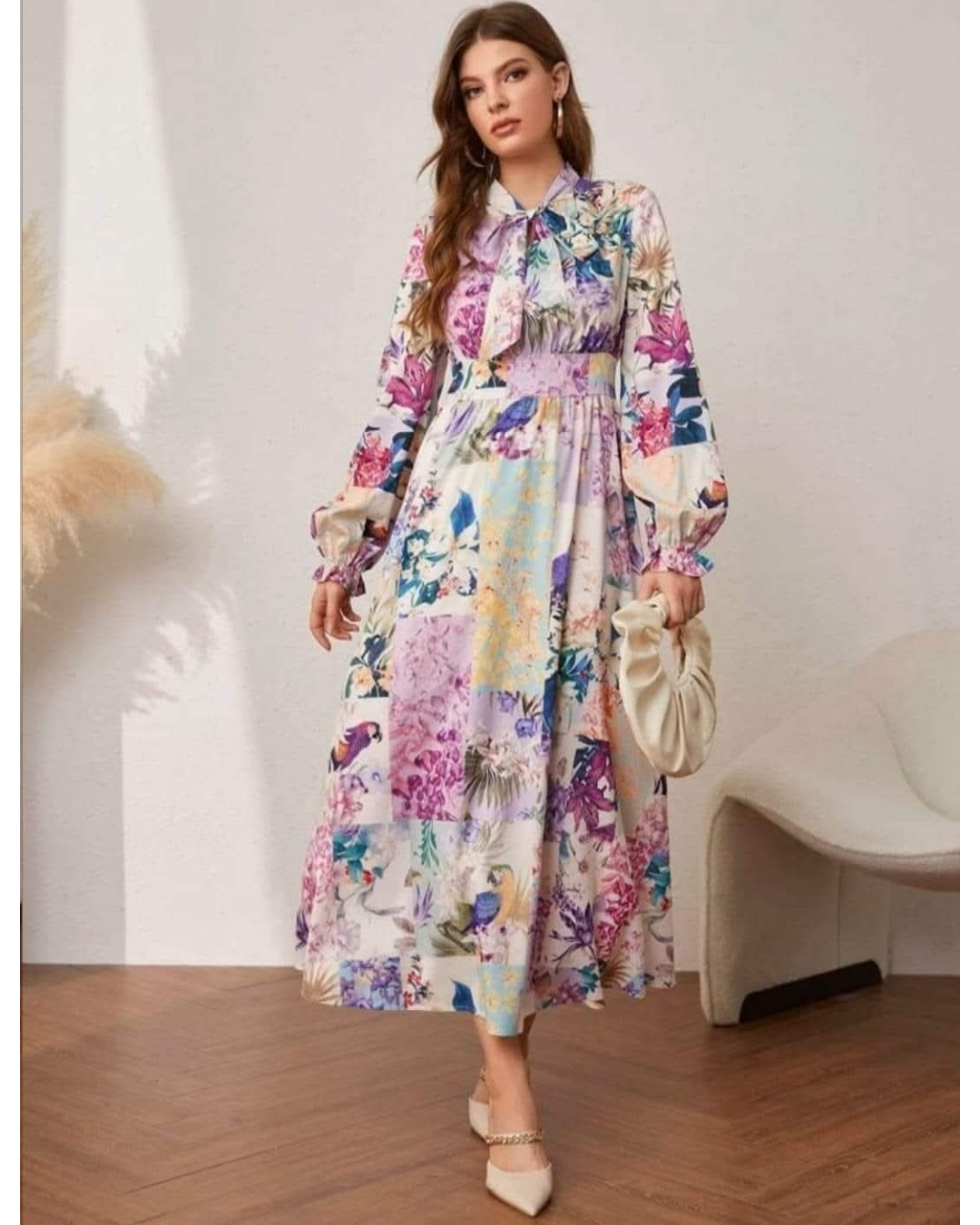 Patterned Long Sleeve Women Maxi Dress