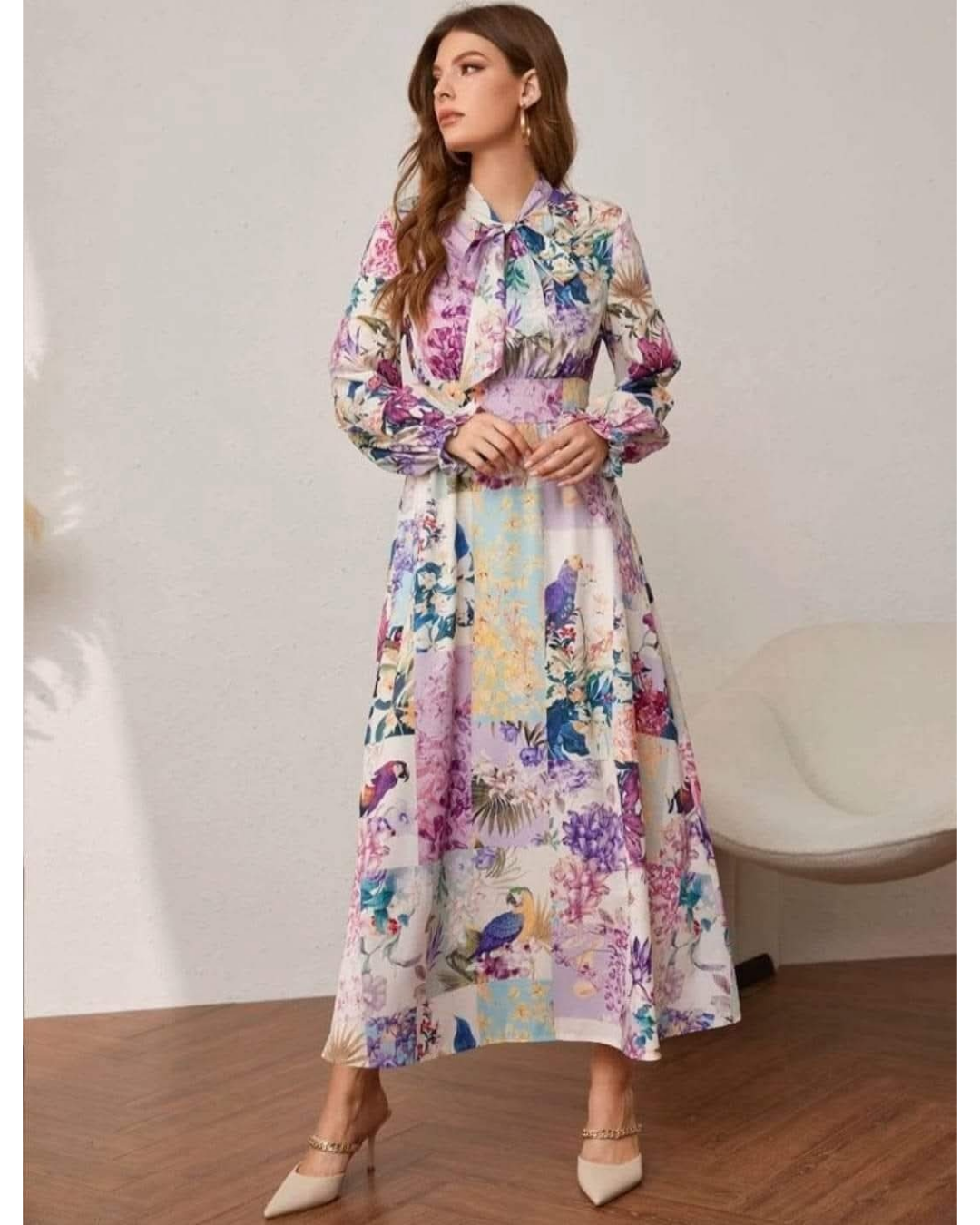 Patterned Long Sleeve Women Maxi Dress