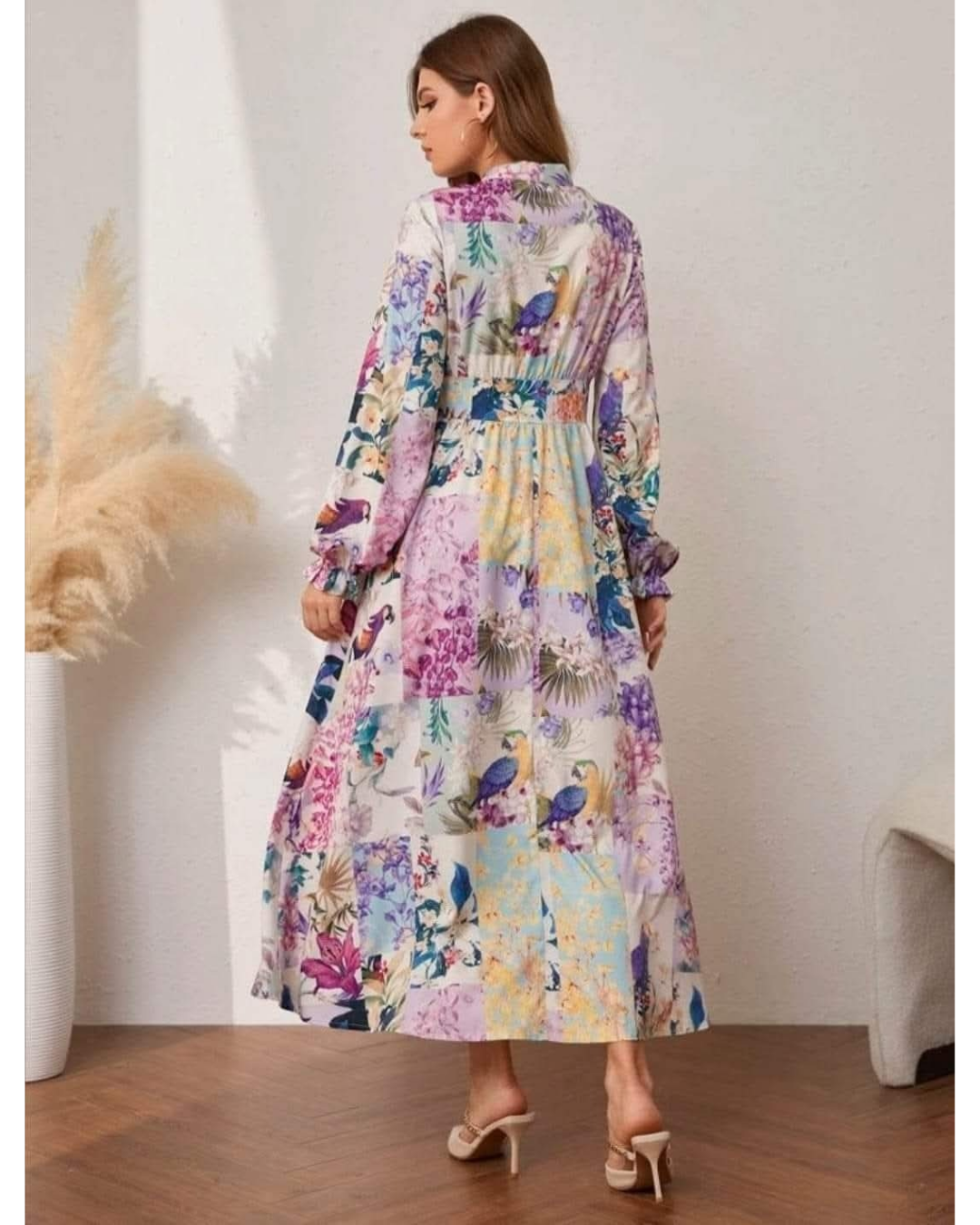 Patterned Long Sleeve Women Maxi Dress