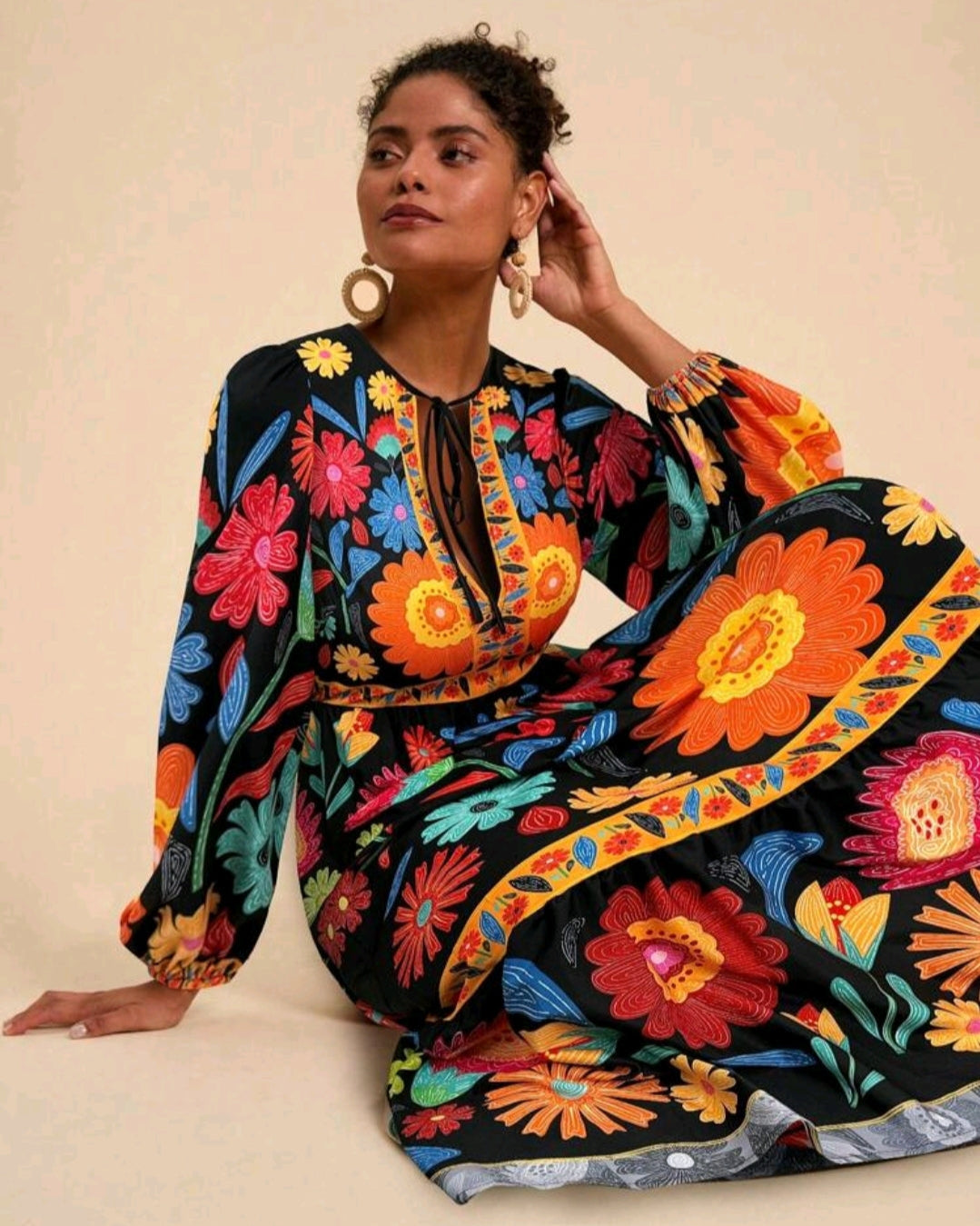 Floral Print Long Sleeve Women Maxi Dress