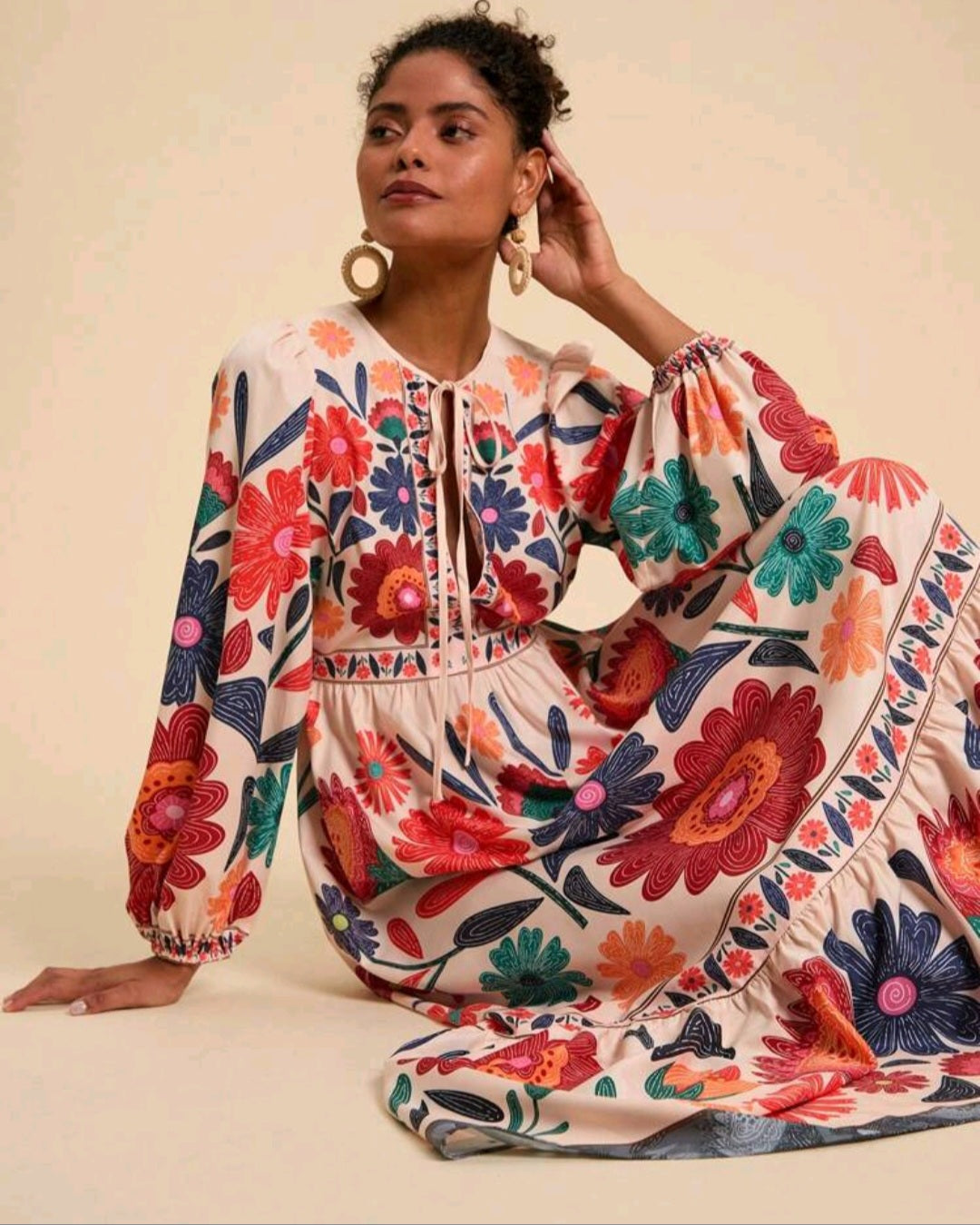 Floral Print Long Sleeve Women Maxi Dress