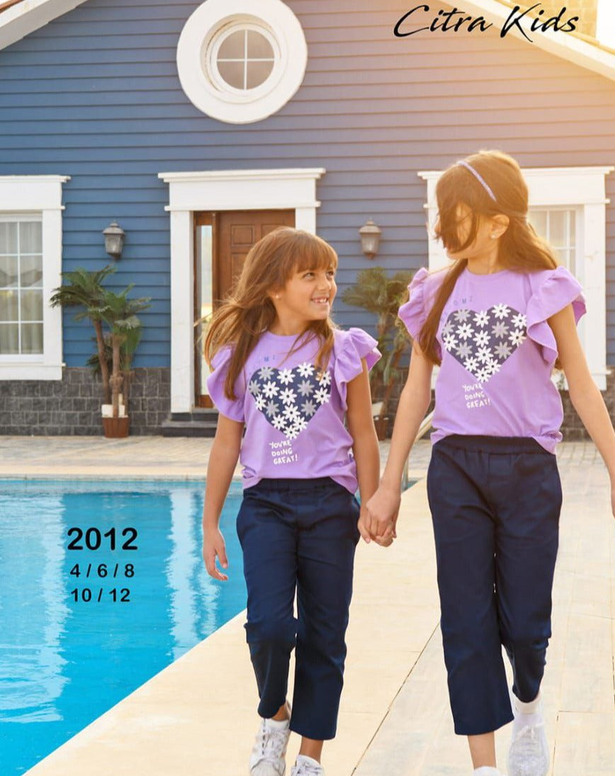 2Pcs Girls Cotton Pajamas Set With Twill Trousers