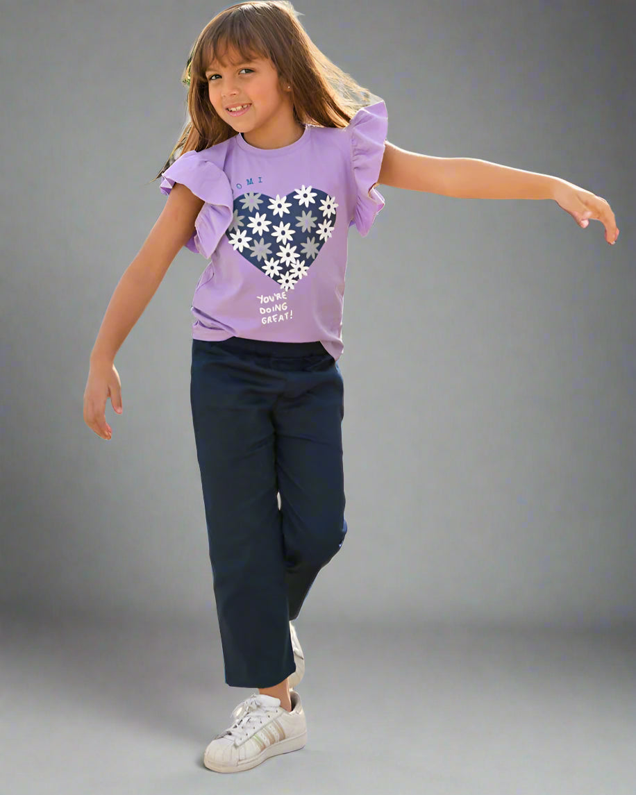 2Pcs Girls Cotton Pajamas Set With Twill Trousers