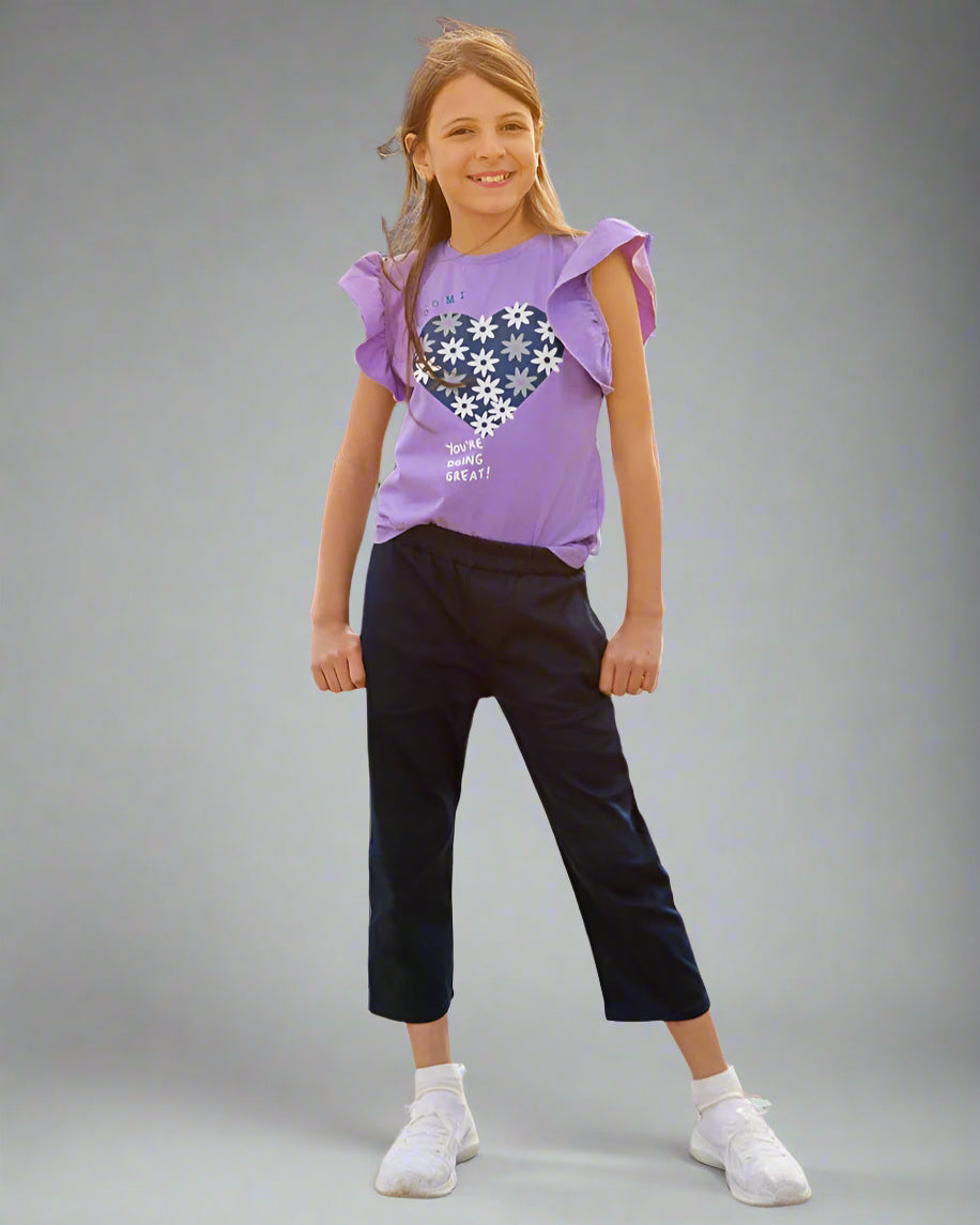 2Pcs Girls Cotton Pajamas Set With Twill Trousers