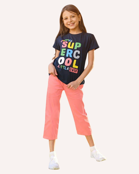 2Pcs Girls Cotton Pajamas Set With Twill Trousers