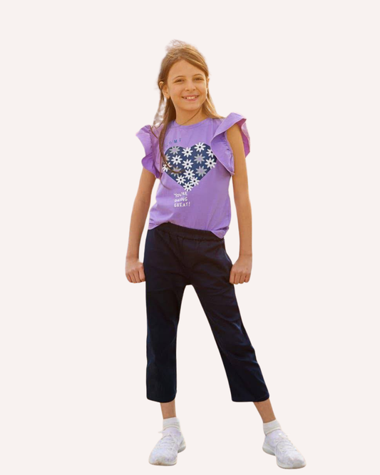 2Pcs Girls Cotton Pajamas Set With Twill Trousers