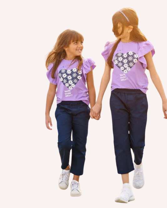 2Pcs Girls Cotton Pajamas Set With Twill Trousers