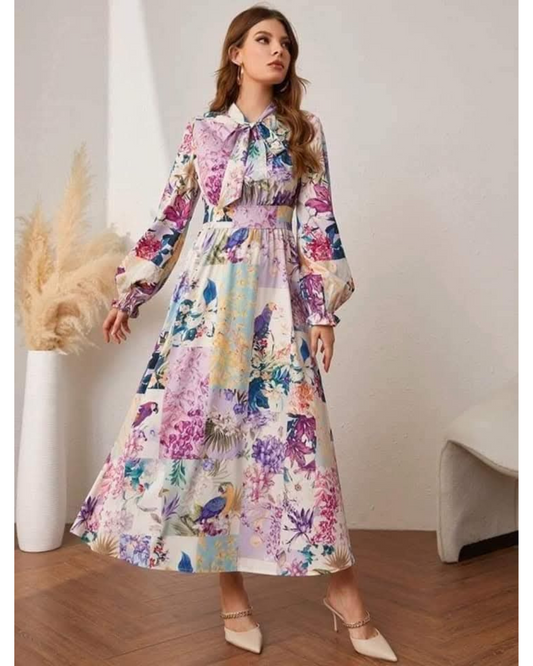 Patterned Long Sleeve Women Maxi Dress