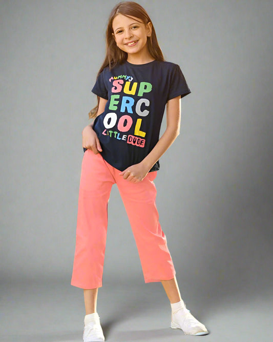 2Pcs Girls Cotton Pajamas Set With Twill Trousers